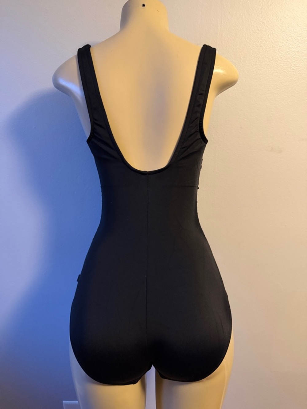 Classic Black V-Neck One-Piece Swimsuit with White Trim - Picture 4 of 7